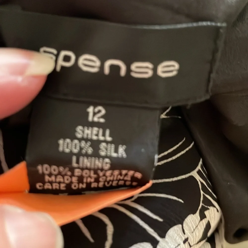 Spense Black White Floral Silk Special Occasion Dress, Satin Sash, 12 - Picture 6 of 9